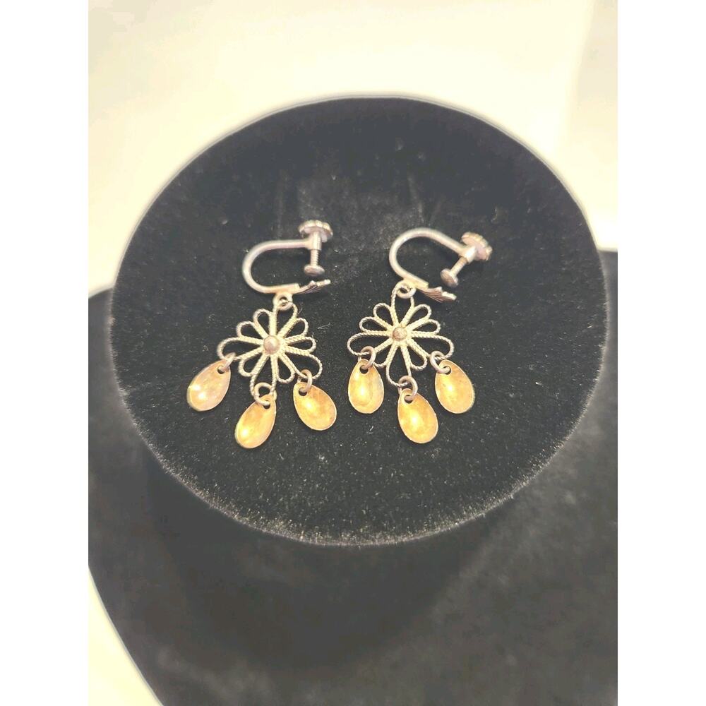 Vtg Norwegian Wedding Solje Sterling Silver Dangle Earrings Filigree Flower